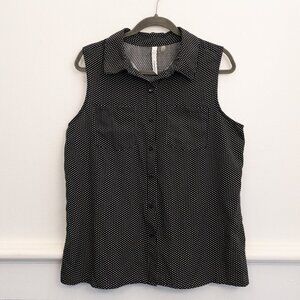 My Collection Black White Polka Dot Sleeveless Blouse XL | Button Front Stretch
